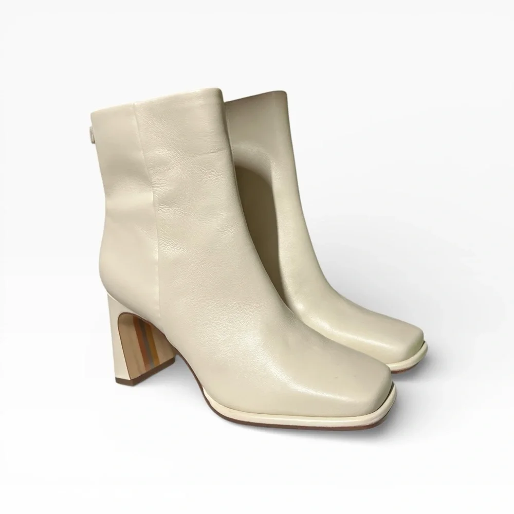 🌻NEW w/box Sam Edelman Irie Ivory Leather Square Toe Block Heel Ankle Booties 6